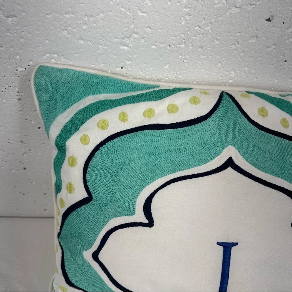 Pottery Barn Teen White Aqua Navy Blue Embroidered Throw Pillow 16x16”
